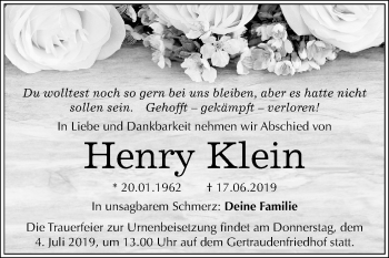 Traueranzeige von Henry Klein von Mitteldeutsche Zeitung Halle/Saalkreis