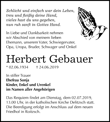 Traueranzeige von Herbert Gebauer von Mitteldeutsche Zeitung Bitterfeld