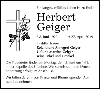 Traueranzeige von Herbert Geiger von Mitteldeutsche Zeitung Weißenfels