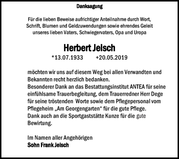 Traueranzeige von Herbert Jelsch von WVG - Wochenspiegel Dessau / Köthen