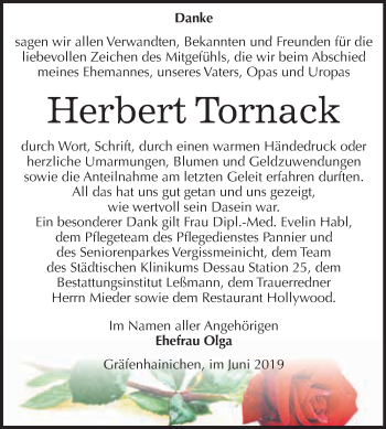 Traueranzeige von Herbert Tornack von WVG - Wochenspiegel Wittenberg