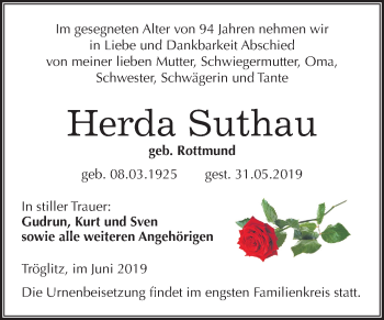 Traueranzeige von Herda Suthau von Mitteldeutsche Zeitung Zeitz