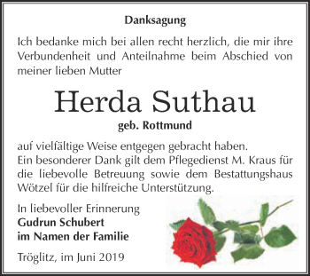 Traueranzeige von Herda Suthau von Super Sonntag Zeitz