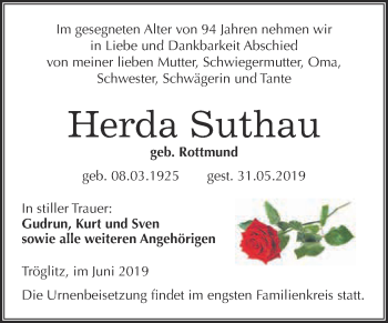 Traueranzeige von Herda Suthau von WVG - Wochenspiegel NMB / WSF / ZTZ