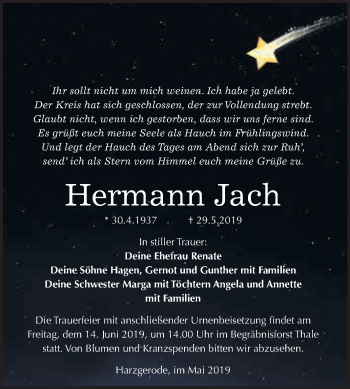 Traueranzeige von Hermann Jach von WVG - Wochenspiegel Quedlinburg