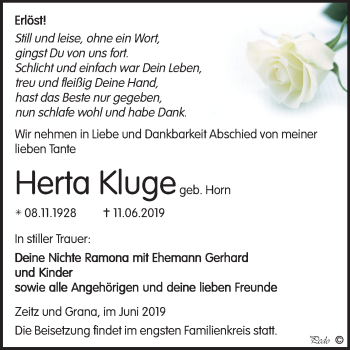 Traueranzeige von Herta Kluge von Mitteldeutsche Zeitung Zeitz