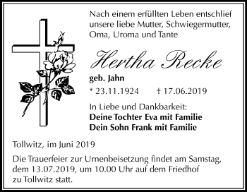 Traueranzeige von Hertha Recke von Mitteldeutsche Zeitung Merseburg/Querfurt