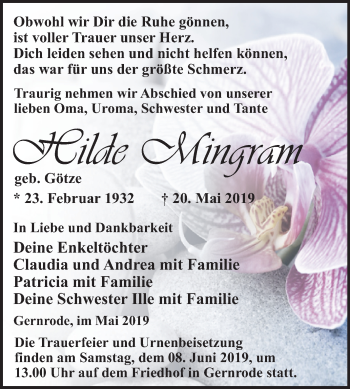 Traueranzeige von Hilde Mingram von Mitteldeutsche Zeitung Quedlinburg