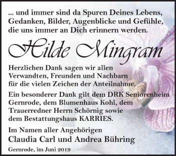 Traueranzeige von Hilde Mingram von WVG - Wochenspiegel Quedlinburg