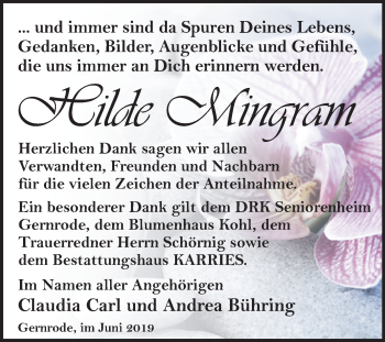 Traueranzeige von Hilde Mingram von Mitteldeutsche Zeitung Quedlinburg