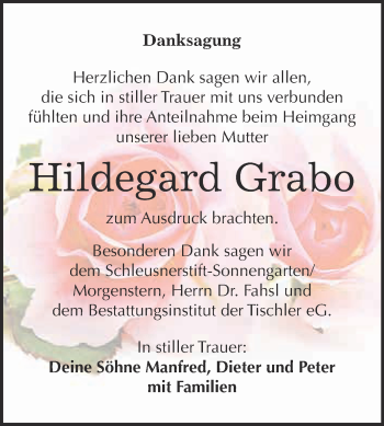 Traueranzeige von Hildegard Grabo von WVG - Wochenspiegel Wittenberg