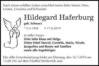 Traueranzeige von Hildegard Haferburg von Mitteldeutsche Zeitung Weißenfels