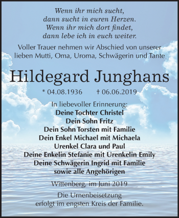 Traueranzeige von Hildegard Junghans von Mitteldeutsche Zeitung
