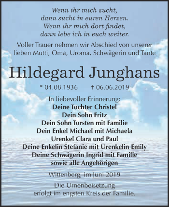 Traueranzeige von Hildegard Junghans von WVG - Wochenspiegel Wittenberg