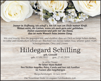 Traueranzeige von Hildegard Schilling von Mitteldeutsche Zeitung