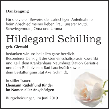 Traueranzeige von Hildegard Schilling von WVG - Wochenspiegel NMB / WSF / ZTZ