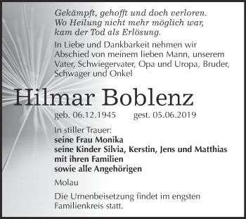 Traueranzeige von Hilmar Boblenz von WVG - Wochenspiegel NMB / WSF / ZTZ