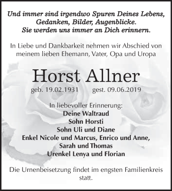 Traueranzeige von Horst Allner von WVG - Wochenspiegel Wittenberg