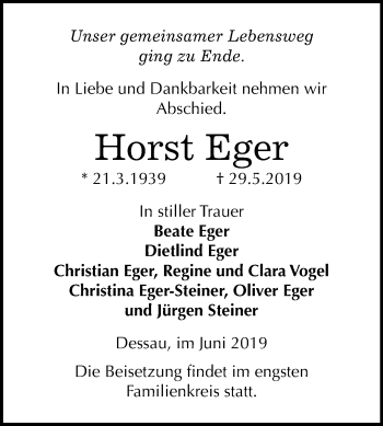 Traueranzeige von Horst Eger von Mitteldeutsche Zeitung Dessau-Roßlau