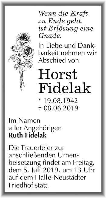 Traueranzeige von Horst Fidelak von Mitteldeutsche Zeitung Halle/Saalkreis