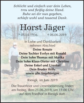 Traueranzeige von Horst Jäger von WVG - Wochenspiegel Wittenberg