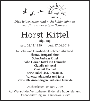 Traueranzeige von Horst Kittel von Super Sonntag Aschersleben