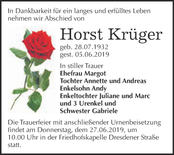 Traueranzeige von Horst Krüger von WVG - Wochenspiegel Wittenberg