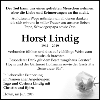 Traueranzeige von Horst Lindig von Mitteldeutsche Zeitung Aschersleben