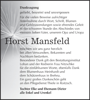 Traueranzeige von Horst Mansfeld von WVG - Wochenspiegel Bitterfeld