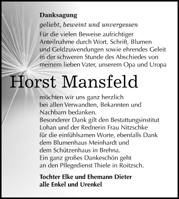 Traueranzeige von Horst Mansfeld von Mitteldeutsche Zeitung Bitterfeld