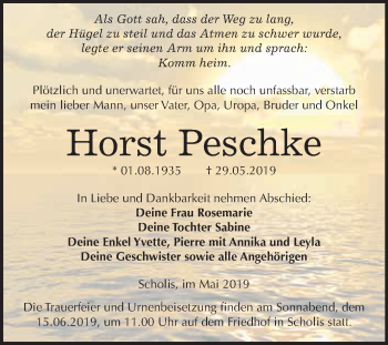 Traueranzeige von Horst Peschke von WVG - Wochenspiegel Wittenberg