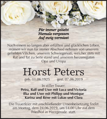 Traueranzeige von Horst Peters von WVG - Wochenspiegel Quedlinburg