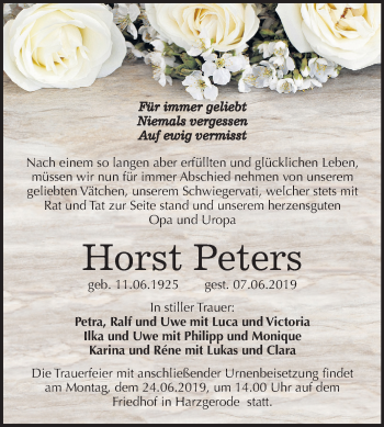 Traueranzeige von Horst Peters von Mitteldeutsche Zeitung Quedlinburg