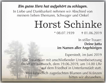 Traueranzeige von Horst Schinke von WVG - Wochenspiegel Merseburg