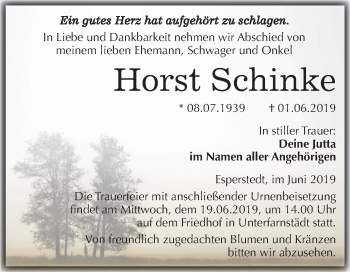 Traueranzeige von Horst Schinke von Mitteldeutsche Zeitung Merseburg/Querfurt