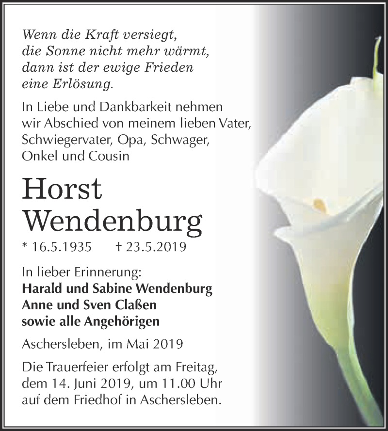  Traueranzeige für Horst Wendenburg vom 03.06.2019 aus Super Sonntag Aschersleben