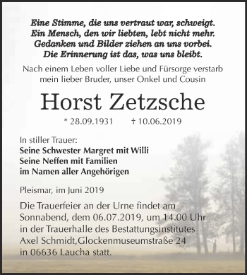 Traueranzeige von Horst Zetzsche von WVG - Wochenspiegel NMB / WSF / ZTZ