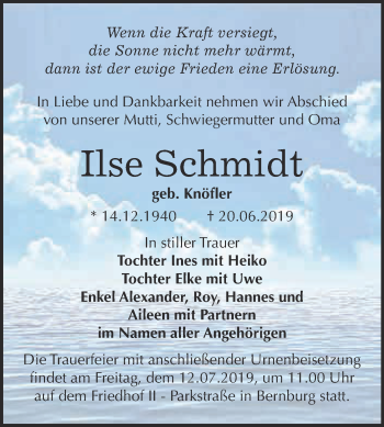 Traueranzeige von Ilse Schmidt von Super Sonntag Bernburg