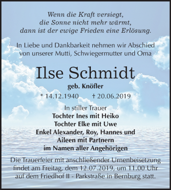 Traueranzeige von Ilse Schmidt von Mitteldeutsche Zeitung Bernburg