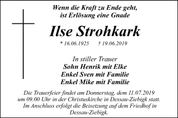 Traueranzeige von Ilse Strohkark von Mitteldeutsche Zeitung Dessau-Roßlau