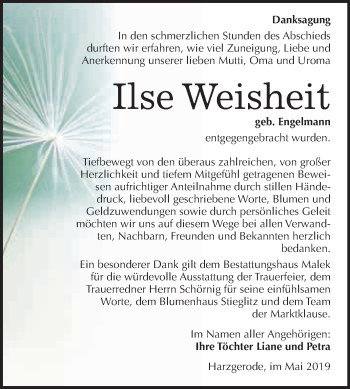 Traueranzeige von Ilse Weisheit von WVG - Wochenspiegel Quedlinburg
