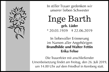 Traueranzeige von Inge Barth von Mitteldeutsche Zeitung