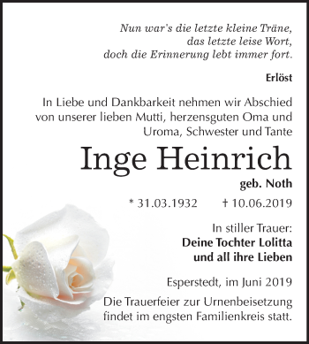 Traueranzeige von Inge Heinrich von Mitteldeutsche Zeitung Merseburg/Querfurt