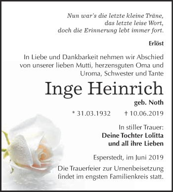 Traueranzeige von Inge Heinrich von WVG - Wochenspiegel Merseburg