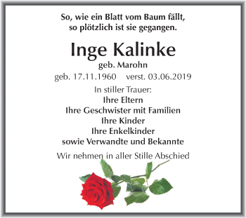 Traueranzeige von Inge Kalinke von Mitteldeutsche Zeitung Zeitz