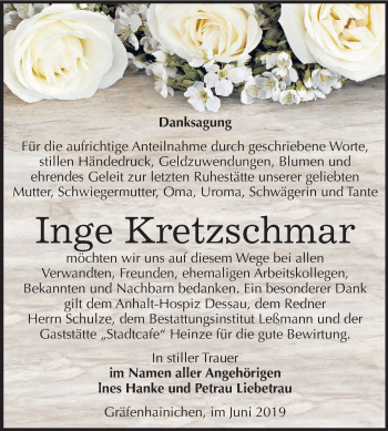Traueranzeige von Inge Kretzschmar von Mitteldeutsche Zeitung