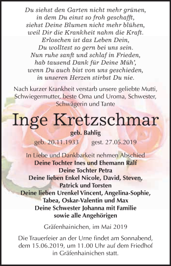 Traueranzeige von Inge Kretzschmar von WVG - Wochenspiegel Wittenberg