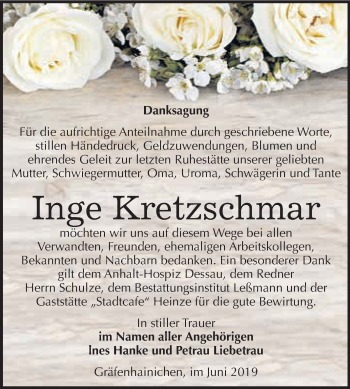 Traueranzeige von Inge Kretzschmar von WVG - Wochenspiegel Wittenberg