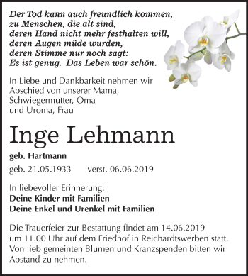 Traueranzeige von Inge Lehmann von Mitteldeutsche Zeitung Weißenfels