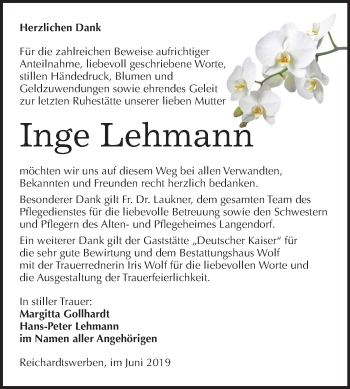 Traueranzeige von Inge Lehmann von Mitteldeutsche Zeitung Weißenfels